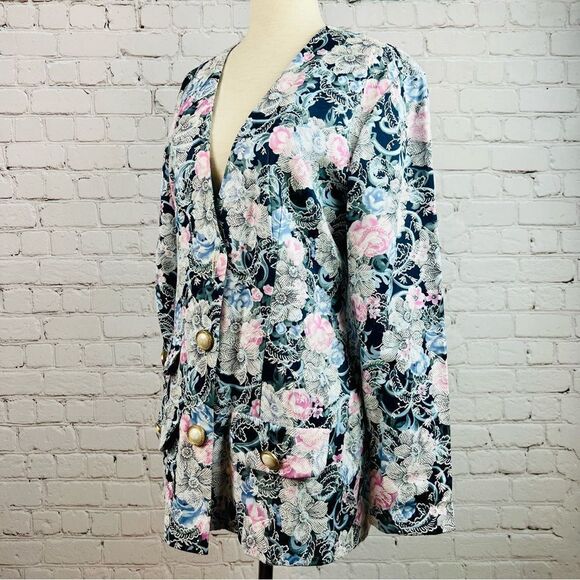 Vintage 90s Breakin’ Loose Navy Floral Tapestry Blazer - Picture 4 of 15